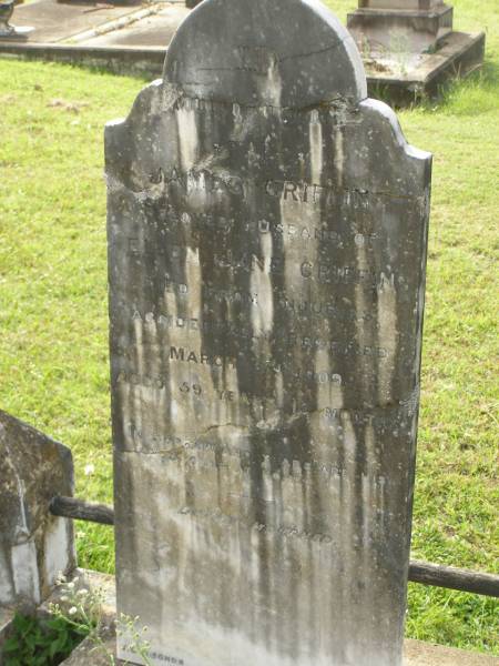 James GRIFFIN,  | husband of Ellen Jane GRIFFIN,  | died of injuries accidentally received  | 6 March 1909 aged 59 years 10 months;  | Appletree Creek cemetery, Isis Shire  | 