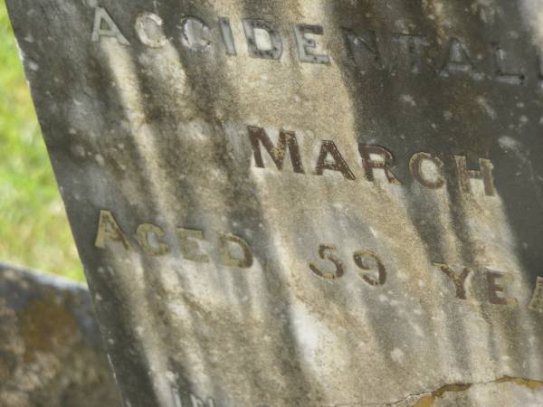 James GRIFFIN,  | husband of Ellen Jane GRIFFIN,  | died of injuries accidentally received  | 6 March 1909 aged 59 years 10 months;  | Appletree Creek cemetery, Isis Shire  | 