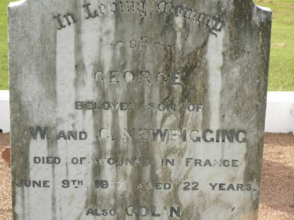 George,  | son of W. & C. NEWBIGGING,  | died of wounds in France  | 9 June 1917 aged 22 years;  | Colin,  | died suddenly 6 July 1913 aged 2 years 5 months;  | William NEWBIGGING,  | died 17 June 1928 aged 65 years;  | William,  | son,  | killed in action in France  | 24 April 1918 aged 19 years;  | mother and wife of William senior,  | died 21 June 1931 aged 59 years;  | Appletree Creek cemetery, Isis Shire  | 