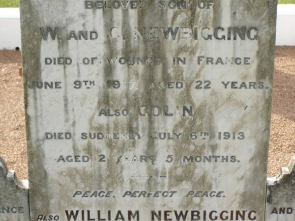 George,  | son of W. & C. NEWBIGGING,  | died of wounds in France  | 9 June 1917 aged 22 years;  | Colin,  | died suddenly 6 July 1913 aged 2 years 5 months;  | William NEWBIGGING,  | died 17 June 1928 aged 65 years;  | William,  | son,  | killed in action in France  | 24 April 1918 aged 19 years;  | mother and wife of William senior,  | died 21 June 1931 aged 59 years;  | Appletree Creek cemetery, Isis Shire  | 