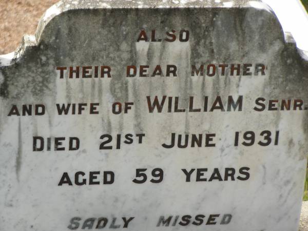 George,  | son of W. & C. NEWBIGGING,  | died of wounds in France  | 9 June 1917 aged 22 years;  | Colin,  | died suddenly 6 July 1913 aged 2 years 5 months;  | William NEWBIGGING,  | died 17 June 1928 aged 65 years;  | William,  | son,  | killed in action in France  | 24 April 1918 aged 19 years;  | mother and wife of William senior,  | died 21 June 1931 aged 59 years;  | Appletree Creek cemetery, Isis Shire  | 