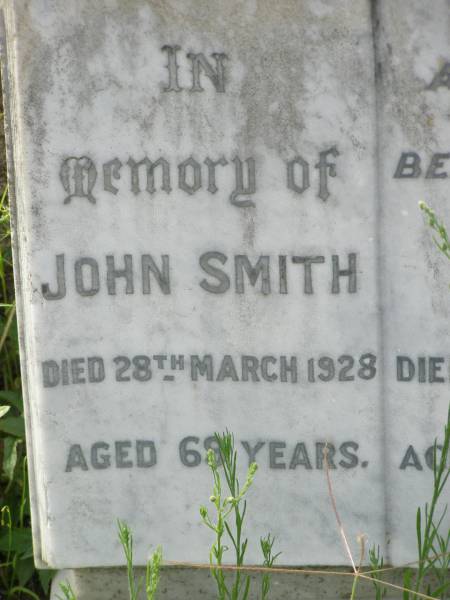 Leslie John SMITH,  | died North Isis 13 June 1905  | aged 3 years 10 months;  | William Alexander SMITH,  | died 17 June 1905 aged 8 years 8 months;  | Catherine SMITH,  | died 9 Feb 1926 aged 32 years;  | John SMITH,  | died 28 March 1928 aged 69 years;  | Mary,  | wife,  | died 22 July 1943 aged 84 years;  | Appletree Creek cemetery, Isis Shire  | 