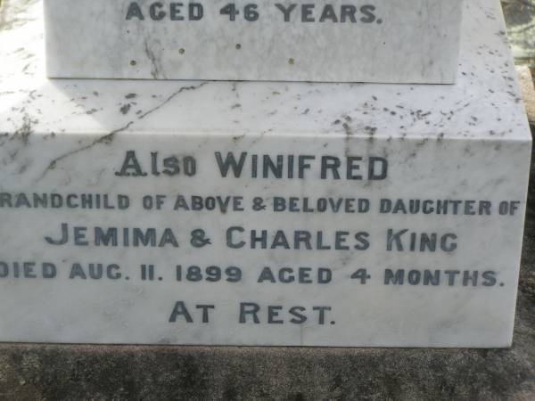 Alexander TAYLOR,  | died 5 Sep 1923 aged 74 years;  | Catherine TAYLOR,  | wife,  | died 22 Aug 1899 aged 46 years;  | Winifred,  | grandchild,  | daughter of Jemima & Charles KING,  | died 11 Aug 1899 aged 4 months;  | William Thomas Bruce TAYLOR,  | son of Alexander and Catherine TAYLOR,  | died 1 Oct 1962 aged 68 years;  | Appletree Creek cemetery, Isis Shire  | 