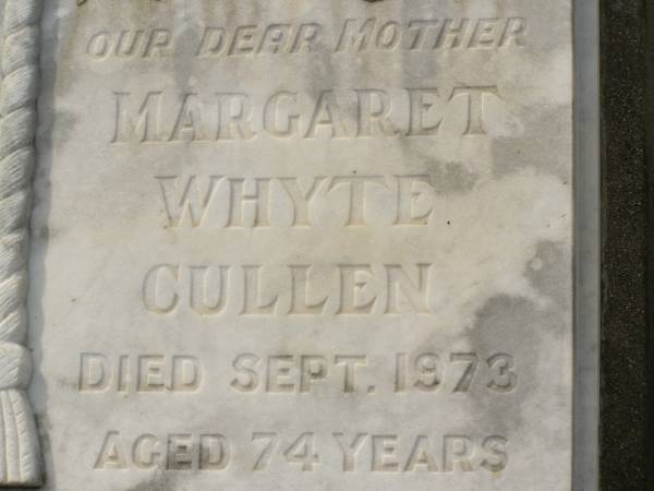 William CULLEN,  | husband father,  | died 22 Nov 1963 aged 79 years;  | Margaret Whyte CULLEN,  | mother,  | died Sept 1973 aged 74 years;  | Appletree Creek cemetery, Isis Shire  | 