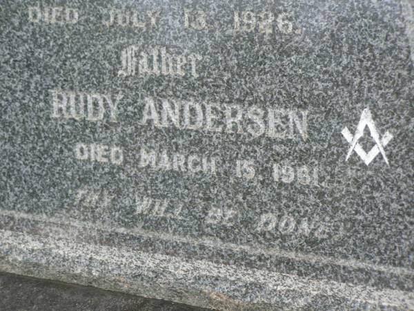 Jessie ANDERSEN,  | mother,  | died 13 July 1926;  | Rudy ANDERSEN,  | father,  | died 15 March 1961;  | Appletree Creek cemetery, Isis Shire  | 