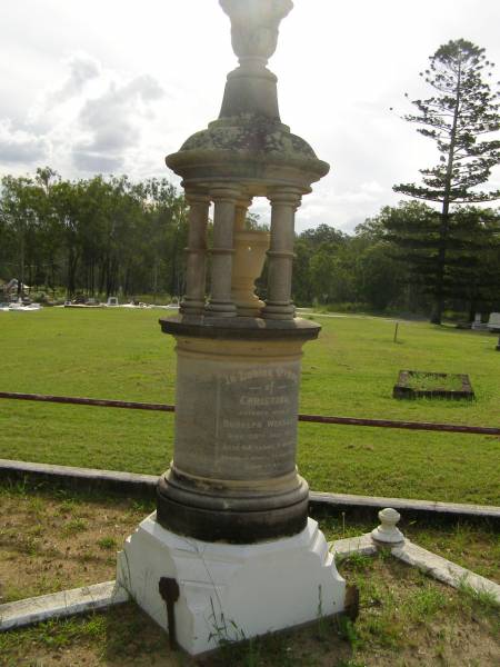 Christina,  | wife of Rudolph WERSALLI,  | died 28 July 1917 aged 84 years 3 months;  | Rudolph WERSALLI,  | died 5 Aug 1921 aged 85 years;  | Appletree Creek cemetery, Isis Shire  | 