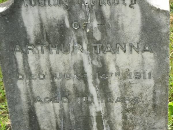 Arthur TANNA,  | died 14 June 1911 aged 19 years;  | Appletree Creek cemetery, Isis Shire  | 