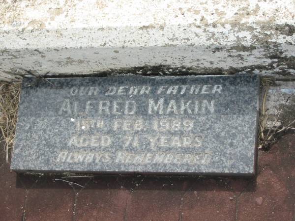 George William MAKIN,  | husband father,  | died 23 Jan 1958 aged 71 years;  | Emma Jane MAKIN,  | wife mother,  | died 8 July 1947 aged 60 years 6 months;  | Dick TREVOR,  | cousin,  | died 30 July 1959 aged 75 years;  | Joyce (Nookie) Valmai MEIER,  | died 2 July 1985 aged 63 years;  | Alfred MAKIN,  | father,  | died 15 Feb 1989 aged 71 years;  | Appletree Creek cemetery, Isis Shire  | 