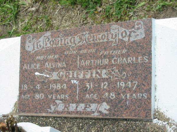 Alice Alvina GRIFFIN,  | mother,  | died 18-4-1984 aged 80 years;  | Arthur Charles GRIFFIN,  | father,  | died 31-12-1947 aged 48 years;  | Appletree Creek cemetery, Isis Shire  | 
