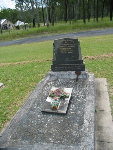 Lawrence Aubrey WIECKHORST,  | husband father son brother,  | died 9 Dec 1954 aged 27 years;  | Appletree Creek cemetery, Isis Shire  | 