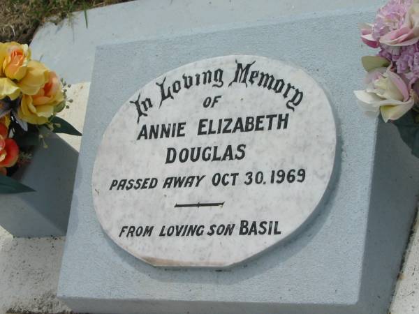 Annie Elizabeth DOUGLAS,  | died 30 Oct 1969,  | son Basil;  | Appletree Creek cemetery, Isis Shire  | 