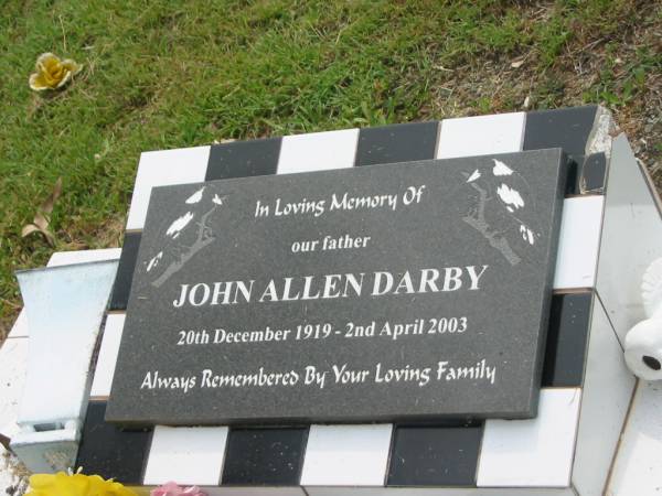 John Allen DARBY,  | father,  | 20 Dec 1919 - 2 April 2003;  | Appletree Creek cemetery, Isis Shire  | 