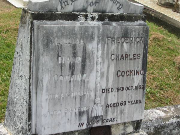 Lillian Maud COCKING,  | died 4 Aug 1977 aged 94 years;  | Frederick Charles COCKING,  | died 19 Oct 1952 aged 69 years;  | Appletree Creek cemetery, Isis Shire  | 