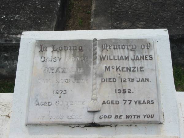 Daisy Grace MCKENZIE,  | died 30 June 1973 aged 86 years;  | William James MCKENZIE,  | died 12 Jan 1952 aged 77 years;  | Appletree Creek cemetery, Isis Shire  | 