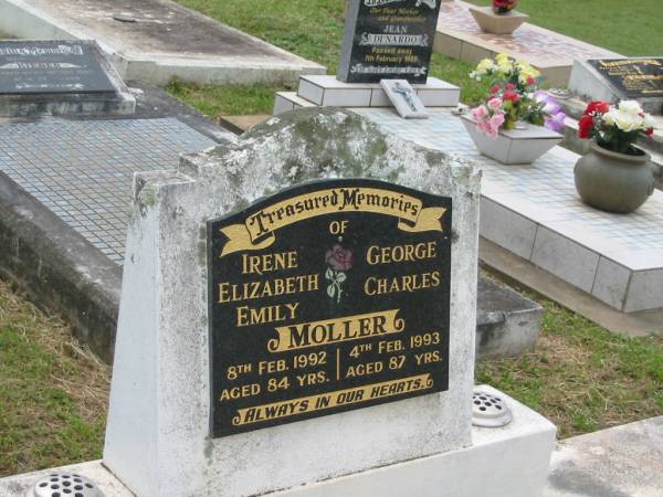 Irene Elizabeth Emily MOLLER,  | died 8 Feb 1992 aged 84 years;  | George Charles MOLLER,  | died 4 Feb 1993 aged 87 years;  | Appletree Creek cemetery, Isis Shire  | 