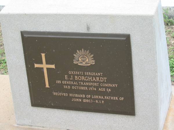 E.J. BORGHARDT,  | died 3 Oct 1974 aged 54 years,  | husband of Lorna,  | father of John (decd);  | Appletree Creek cemetery, Isis Shire  | 