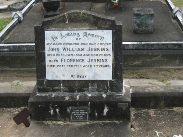 John William JENKINS,  | husband father,  | died 20 Jan 1954 aged 84 years;  | Florence JENKINS,  | died 28 Feb 1959 aged 77 years;  | Mary Diana BODDINGTON,  | died 16-12-1964 aged 42 years;  | Appletree Creek cemetery, Isis Shire  | 