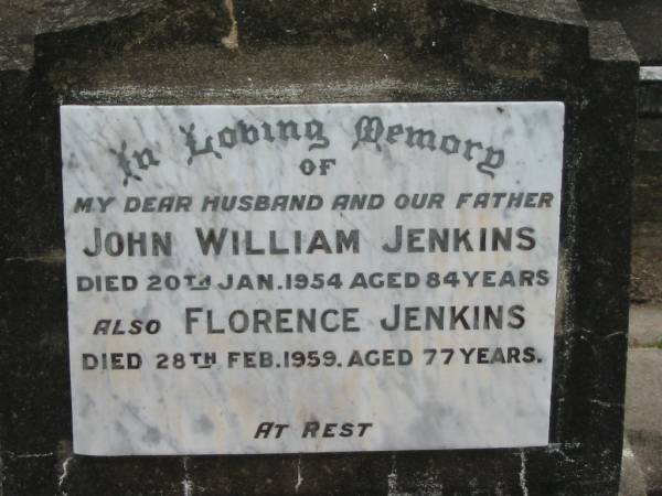 John William JENKINS,  | husband father,  | died 20 Jan 1954 aged 84 years;  | Florence JENKINS,  | died 28 Feb 1959 aged 77 years;  | Mary Diana BODDINGTON,  | died 16-12-1964 aged 42 years;  | Appletree Creek cemetery, Isis Shire  | 