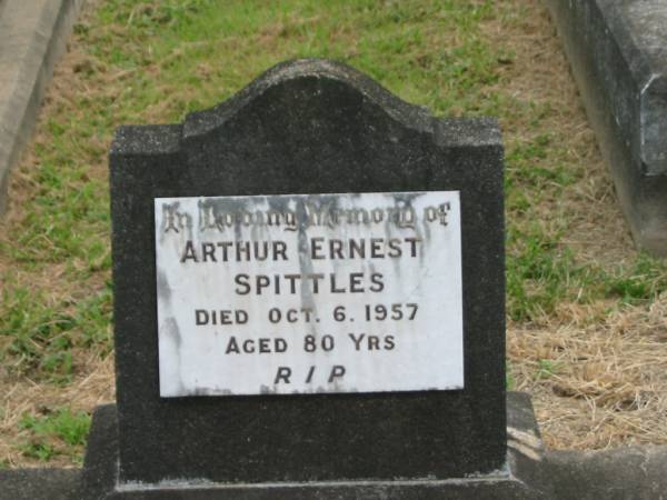 Arthur Ernest SPITTLES,  | died 6 Oct 1957 aged 80 years;  | Appletree Creek cemetery, Isis Shire  | 