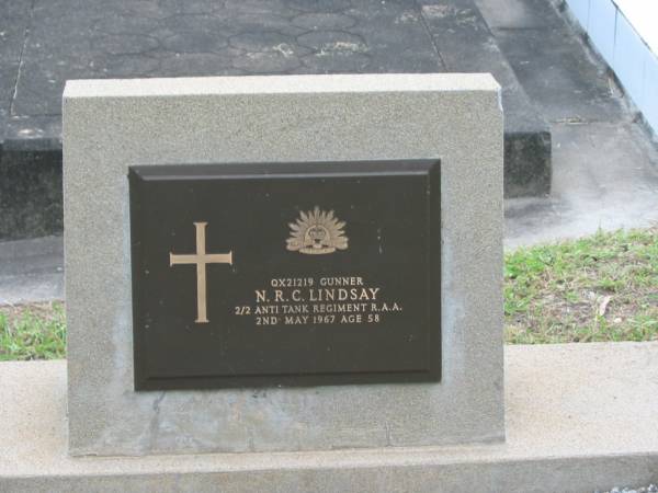 N.R.C. LINDSAY,  | died 2 May 1967 aged 54 years;  | Appletree Creek cemetery, Isis Shire  |   | 