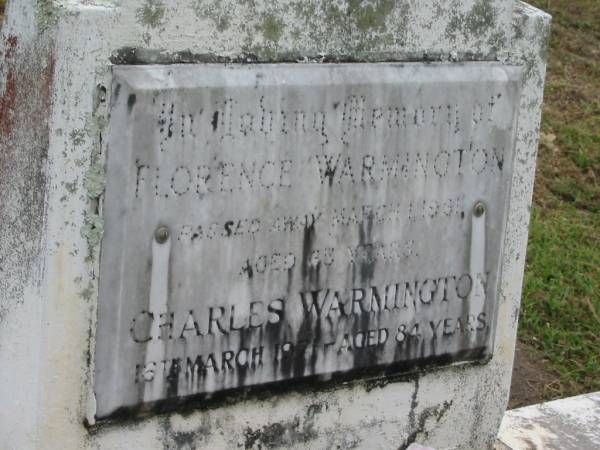 Florence WARMINGTON,  | died 1 March 1961 aged 63 years;  | Charles WARMINGTON,  | died 16 March 1971 aged 84 years;  | Appletree Creek cemetery, Isis Shire  | 