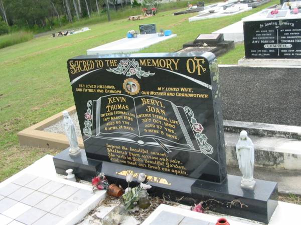 Kevin Thomas STALLAN,  | husband father grandpa,  | died 14 March 1996 aged 66 year 6 months 21 days;  | Beryl Joan STALLAN,  | wife mother grandmother,  | died 30 Oct 1990 aged 57 years 5 months 5 days;  | Appletree Creek cemetery, Isis Shire  | 