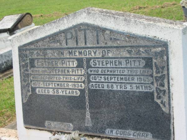 Esther PITT,  | wife of Stephen PITT,  | died 16 Sept 1934 aged 58 years;  | Stephen PITT,  | died 10 Sept 1965 aged 88 years 5 months;  | Appletree Creek cemetery, Isis Shire  | 