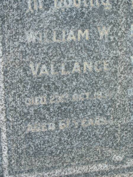 William W. VALLANCE,  | died 23 Oct 1935 aged 61 years;  | Florence I. VALLANCE,  | died 18 July 1969 aged 91? years;  | Appletree Creek cemetery, Isis Shire  | 