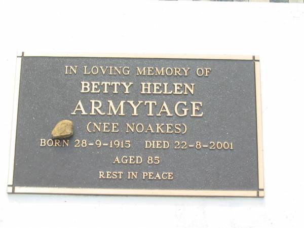 Alison Gwenda NOAKES,  | died 14 Aug 1931 aged 22 years;  | Florence Mary NOAKES,  | mother,  | died 7 Dec 1933 aged 52 years;  | Edward Percival NOAKES,  | husband father,  | died 24 July 1962 aged 80 years;  | Betty Helen ARMYTAGE (nee NOAKES),  | born 28-9-1915 - 22-8-2001 aged 85 years;  | Appletree Creek cemetery, Isis Shire  | 