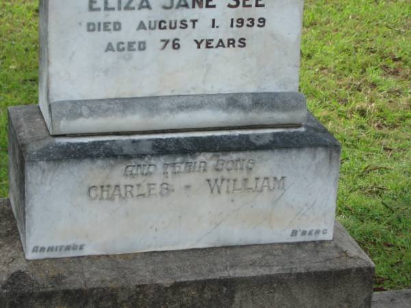 Thomas SEE,  | husband father,  | died 18 Jan 1931 aged 76 years;  | Eliza Jane SEE,  | wife mother,  | died 1 Aug 1939 aged 76 years;  | Charles,  | son;  | William,  | son;  | Appletree Creek cemetery, Isis Shire  | 