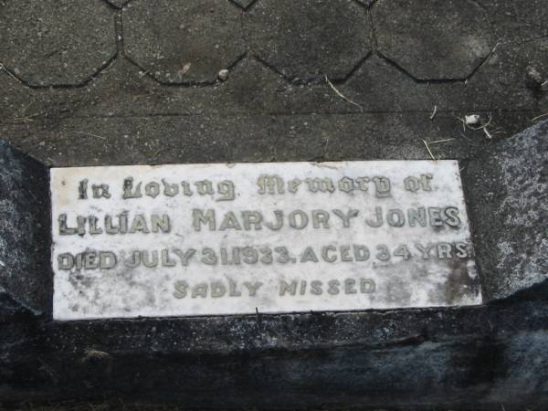 Lillian Marjory JONES,  | died 31 July 1933 aged 34 years;  | Appletree Creek cemetery, Isis Shire  | 