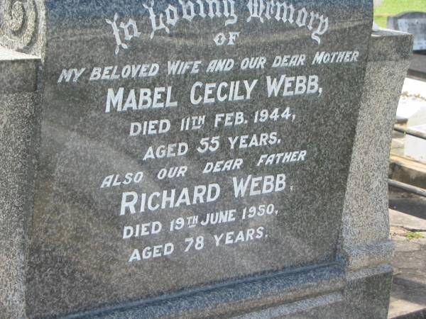 Mabel Cecily WEBB,  | wife mother,  | died 11 Feb 1944 aged 55 years;  | Richard WEBB,  | father,  | died 19 June 1950 aged 78 years;  | Audrey Mabel,  | infant child;  | Colin Leslie Waterson,  | infant child;  | Margaret Waterson,  | infant child;  | Appletree Creek cemetery, Isis Shire  | 