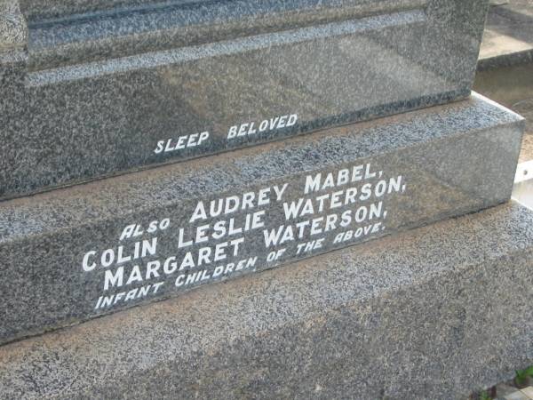 Mabel Cecily WEBB,  | wife mother,  | died 11 Feb 1944 aged 55 years;  | Richard WEBB,  | father,  | died 19 June 1950 aged 78 years;  | Audrey Mabel,  | infant child;  | Colin Leslie Waterson,  | infant child;  | Margaret Waterson,  | infant child;  | Appletree Creek cemetery, Isis Shire  | 