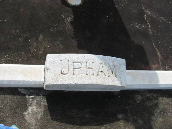 George UPHAM,  | husband father,  | died 6 Feb 1920 aged 59 years;  | Annie UPHAM,  | wife mother,  | died 10 Dec 1949 aged 88 years;  | Lillian A. UPHAM,  | died 19 March 1926 aged 38 years;  | Rose G. LAYNTON,  | died 6 Jan 1920 aged 25 years;  | Edith H. RIDGERS,  | died 27 March 1931 aged 46 years;  | daughters of G. & A. UPHAM;  | Muriel C. RIDGERS,  | daughter of James & Edith RIDGERS,  | grand-daughter of George & Annie UPHAM,  | died 20 Dec 1920 aged 10 years;  | William E. UPHAM,  | father,  | 21-10-1901 - 26-8-1985 aged 83 years 10 months;  | Queenie E. UPHAM,  | mother,  | 28-10-1900 - 9-9-2002 aged 101 years 10 months;  | Appletree Creek cemetery, Isis Shire  | 