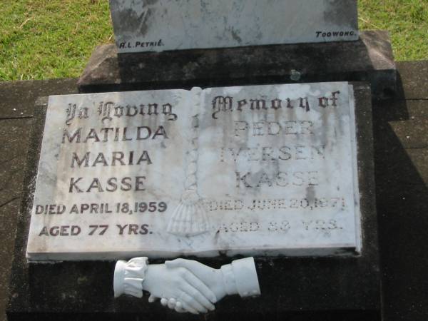 Lena Christina KASSE,  | died 19 Dec 1920 aged 73 years;  | Nes Peder KASSE,  | died 29 June 1928 aged 85 years;  | Mathilda Maria KASSE,  | died 18 April 1959 aged 77 years;  | Peder Iversen KASSE,  | died 20 June 1971 aged 88 years;  | Appletree Creek cemetery, Isis Shire  | 