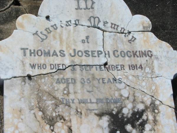 Thomas Joseph COCKING,  | died 3 Sept 1914 aged 35 years;  | Appletree Creek cemetery, Isis Shire  | 