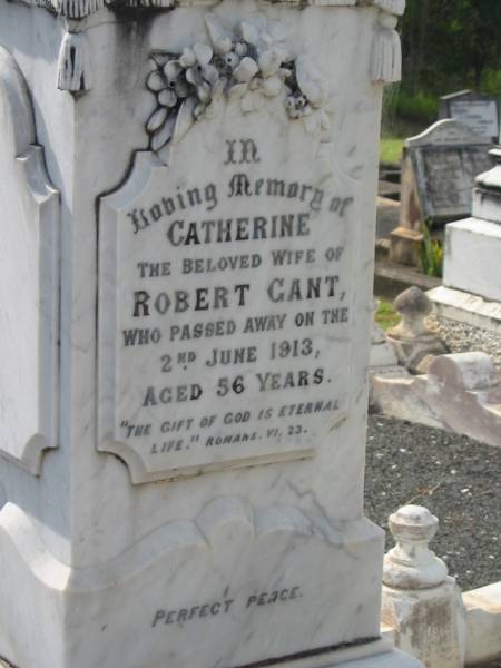 Catherine,  | wife of Robert GANT,  | died 2 June 1913 aged 56 years;  | Robert GANT,  | died 24 May 1926 aged 74 years;  | Appletree Creek cemetery, Isis Shire  | 