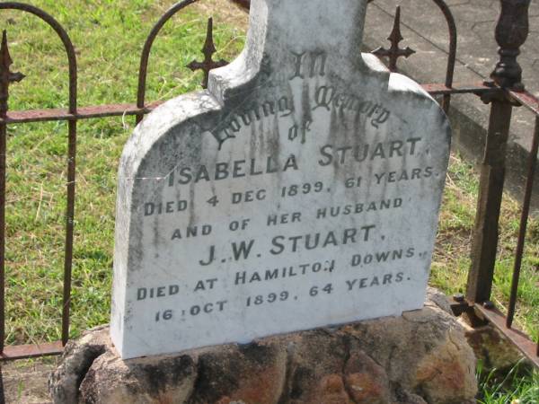Isabella STUART,  | died 4 Dec 1899 aged 61 years;  | J.W. STUART,  | husband,  | died Hamilton Downs 1 Oct 1899 aged 64 years;  | Appletree Creek cemetery, Isis Shire  | 