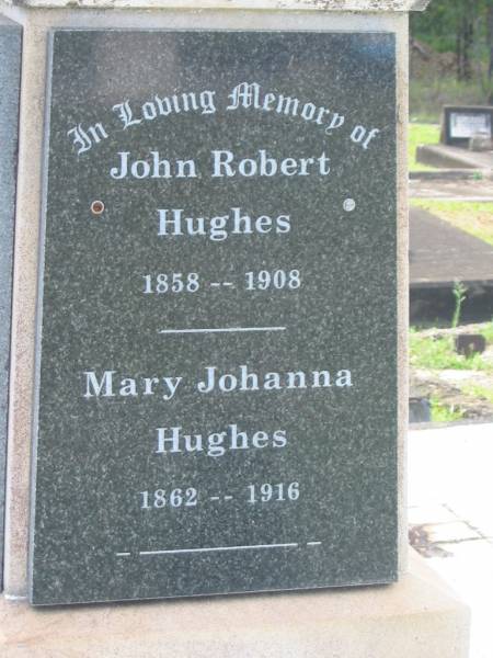 John Robert HUGHES,  | 1858 - 1908;  | Mary Johanna HUGHES,  | 1862 - 1916;  | Thomas Charles HUGHES,  | 1895 - 1917;  | Florence Lillian HUGHES,  | 1900 - 1919,  | died suddenly 18 Dec 1919 aged 19 years;  | Appletree Creek cemetery, Isis Shire  | 