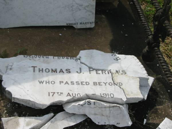 Thomas J. PERKINS,  | died 17 Aug 1910;  | Appletree Creek cemetery, Isis Shire  | 
