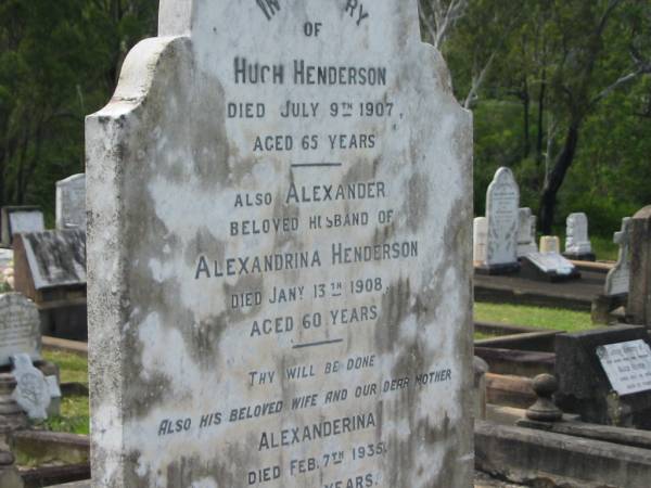 Hugh HENDERSON,  | died 9 July 1907 aged 65 years;  | Alexander,  | husband of Alexandrina HENDERSON,  | died 13 Jan 1908 aged 60 years;  | Alexanderina,  | wife mother,  | died 7 Feb 1935 aged 71 years;  | Appletree Creek cemetery, Isis Shire  | 