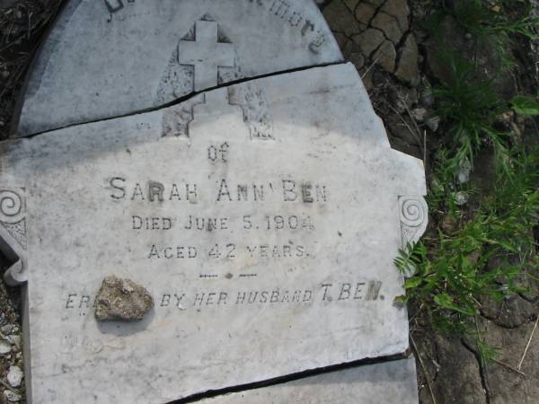 Henry BEN,  | accidentally killed 5 Dec 1908  | aged 21 years 11 months;  | Sarah Ann BEN,  | died 5 June 1904 aged 42 years,  | erected by husband T. BEN;  | Appletree Creek cemetery, Isis Shire  |   | 