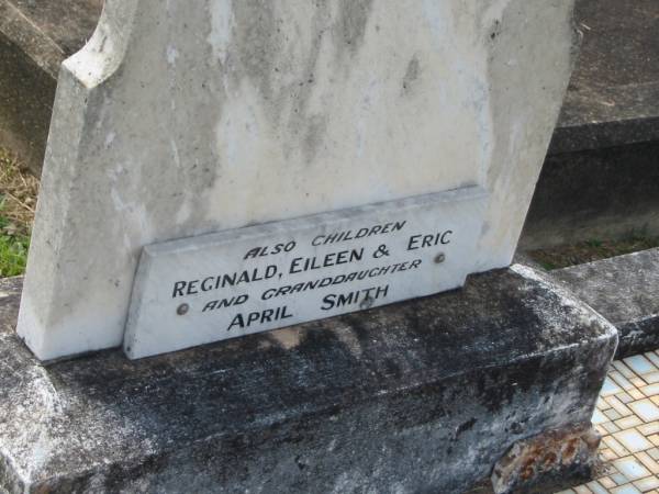 Martha THOMPSON,  | died 24 Oct 1931 aged 63 years;  | Joseph Henry THOMPSON,  | died 13 May 1939 aged 76 years;  | children Reginald, Eileen & Eric;  | granddaugther April SMITH;  | Appletree Creek cemetery, Isis Shire  | 