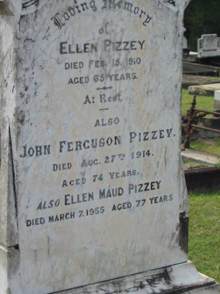 Ellen PIZZEY,  | died 15 Feb 1910 aged 65 years;  | John Ferguson PIZZEY,  | died 27 Aug 1914 aged 74 years;  | Ellen Maud PIZZEY,  | died 7 March 1955 aged 77 years;  | Appletree Creek cemetery, Isis Shire  | 