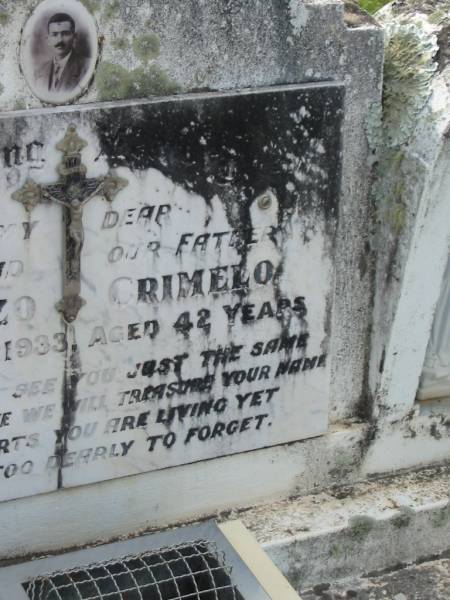 Lorenzo CRIMELO,  | husband father,  | died 23 Nov 1933 aged 42 years;  | Appletree Creek cemetery, Isis Shire  | 