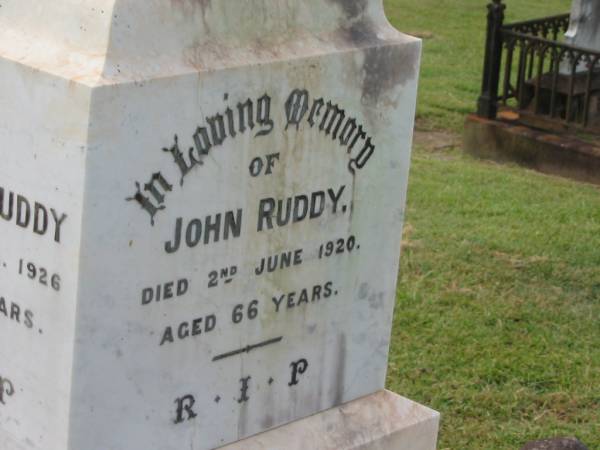 John RUDDY,  | died 2 June 1920 aged 66 years;  | Arthur RUDDY,  | died 26 Feb 1926 aged 23 years;  | Appletree Creek cemetery, Isis Shire  | 