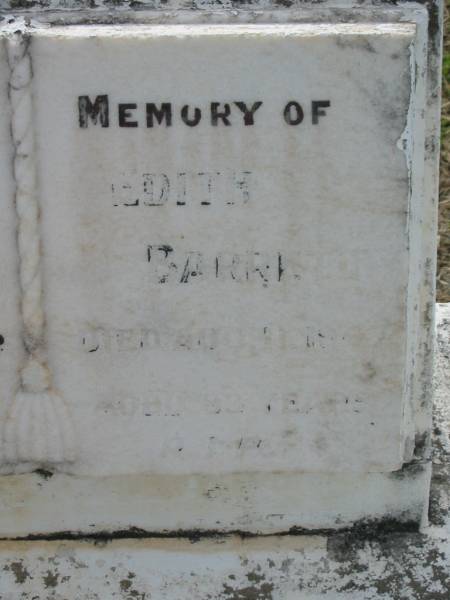 Thomas BARRETT,  | died 4 Jan 1943 aged 66 years;  | Edith BARRETT,  | died 11 Aug 1967? aged 83 years;  | Mary Barrett,  | died 26 March 1921 aged 7 years;  | Appletree Creek cemetery, Isis Shire  | 