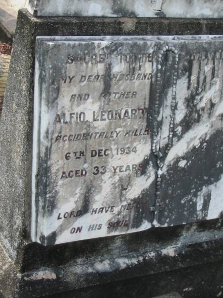 Alfio LEONARD,  | husband father,  | died 6 Dec 1934 aged 33 years;  | Appletree Creek cemetery, Isis Shire  | 