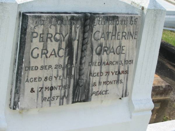 Percy GRACE,  | died 29 Sept 1949 aged 86 years 7 months;  | Catherine GRACE,  | died 3 March 1951 aged 71 years 11 months;  | Appletree Creek cemetery, Isis Shire  | 