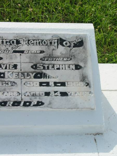 Janet Ogilvie KELLY,  | mother,  | died 13-12-1963 aged 74 years;  | Stephen KELLY,  | father,  | died 30-8-1968 aged 84 years;  | Appletree Creek cemetery, Isis Shire  | 